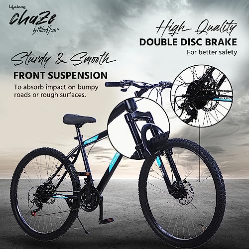 Image of Lifelong Chaze Shimano Gear Cycle By Milind Soman Sgx20 27.5T with Dual Disc 21 Speed|for:Unisex Adults(15Y+)|Frame Size: 18 inch|Ideal Height : 5'6 inch|85% Assembled(Czbc2794,Black&Blue) Mountain Bike