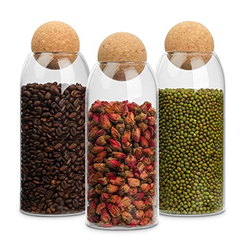 Image of ComSaf 1000ml Glass Storage Container with Ball Cork, 3Pcs Glass Jar with Cork Lid, Round Cork Glass Bottle, Coffee Jar with Wood Ball Lid for Bath Salt, Food, Coffee, Sugar,Tea, DIY Decoration