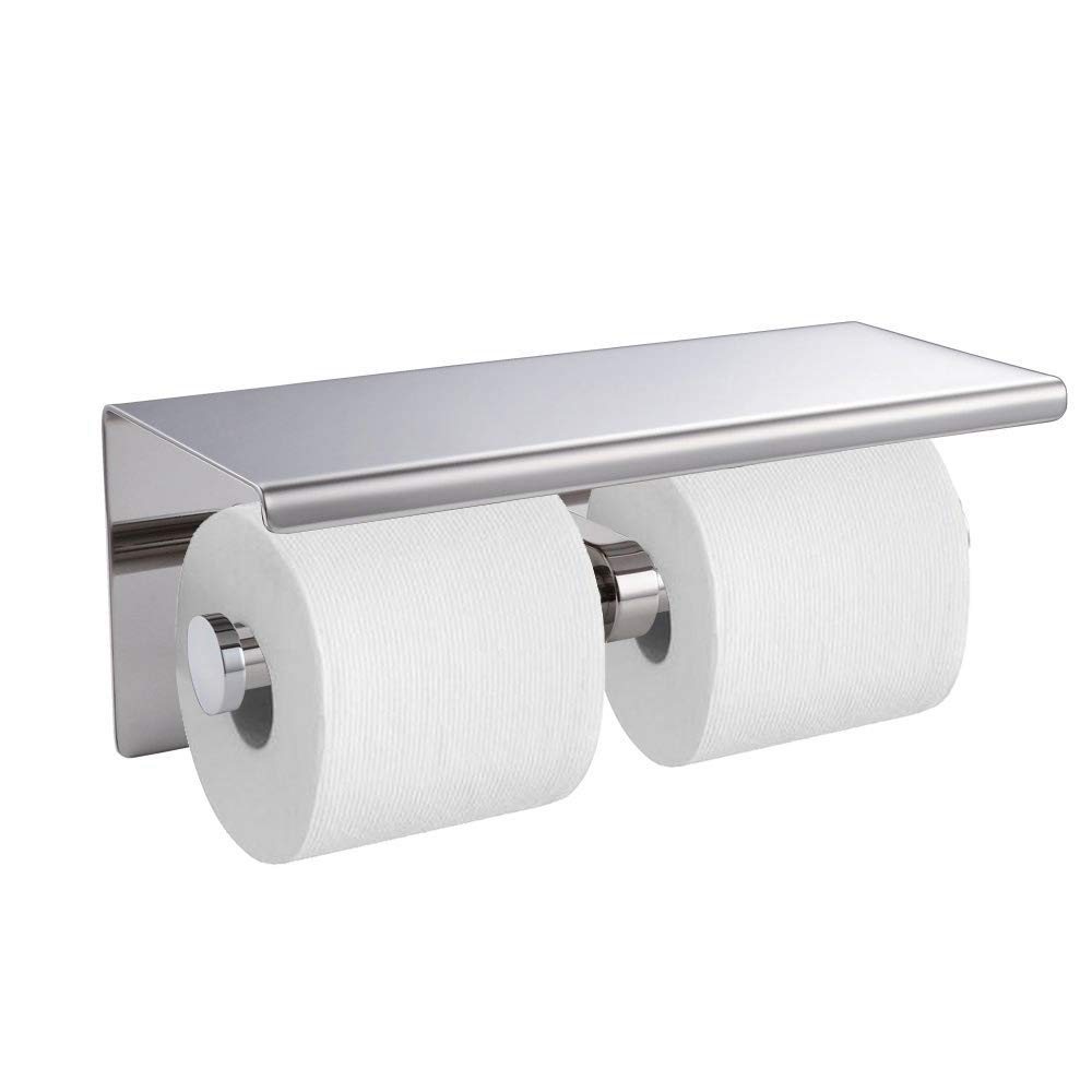 Songtec Toilet Paper Holder with Shelf, Easy Stick On with 3M Adhesive, Holds Mega Roll, No Drilling or Wall Mounted Stainless Steel Tissue Roll Holder (Polished Chrome (Dual))