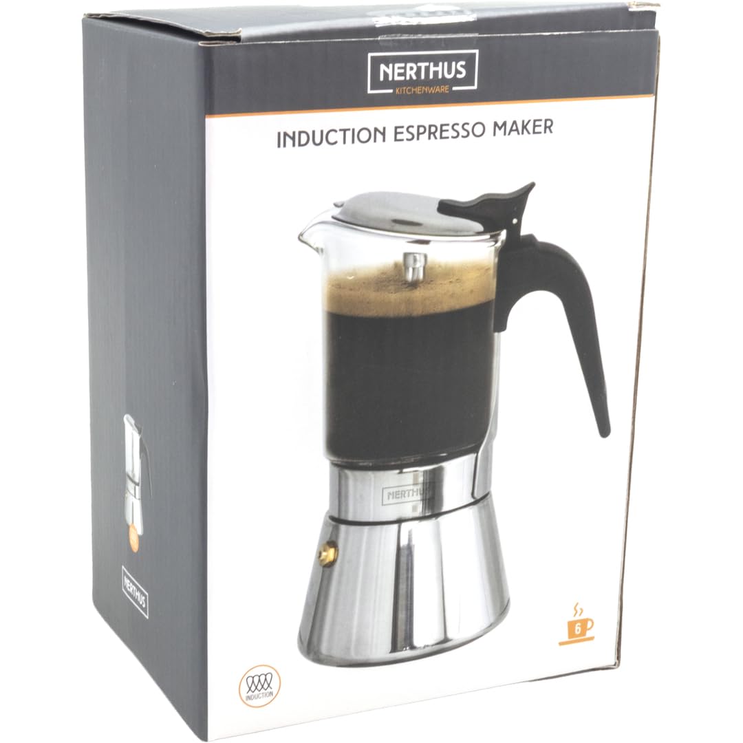 NERTHUS FIH 1626 Cafetera Exprés 240 ml, Cafetera Italiana de Cristal con Base de Acero Inoxidable, Cafetera para Café con Asa Ergonómica