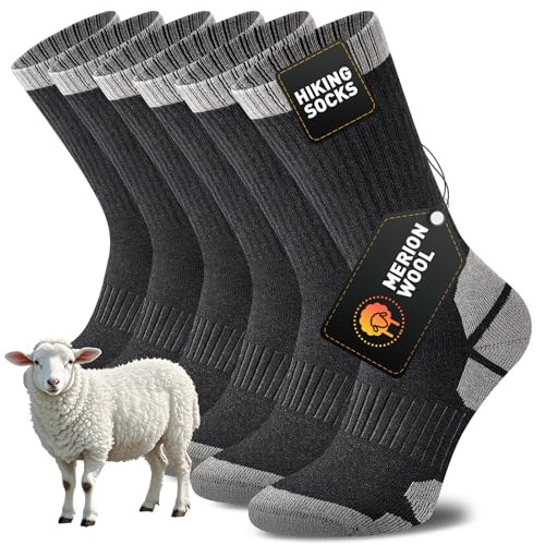 Niorasen Merino Wool Hiking Walking Socks for Men Women Cushioned Anti Blister Performance Crew Socks for Sports Running Cycling Trekking Work Casual Thicked Sock 3 Pairs