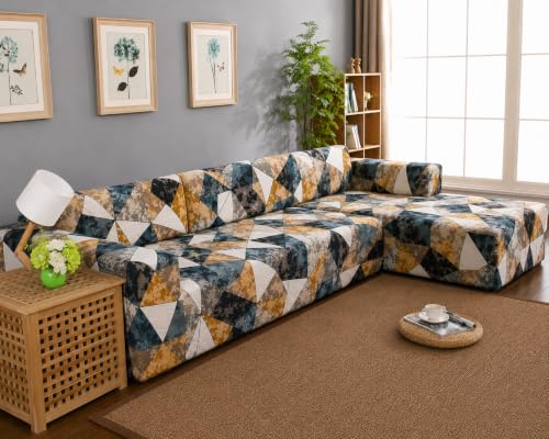 Image of Gifts Island Premium 160GSM Super Soft Antique Prism Stretchable Sofa Cover L Shape 5 Seater Fully Covered | Suitable for Both Left and Right Side Chaise Sofa (Antique Prism, 3+2 Seater)