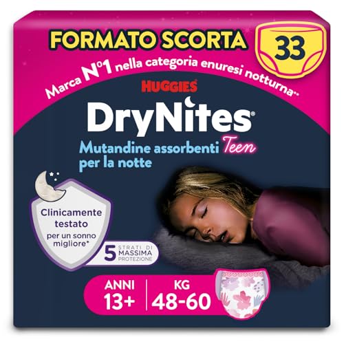 Huggies Drynites Pannolini Bambina, Taglia XL (48-60 Kg), Mutandine assorbenti, 13-19 anni, 33 Pz