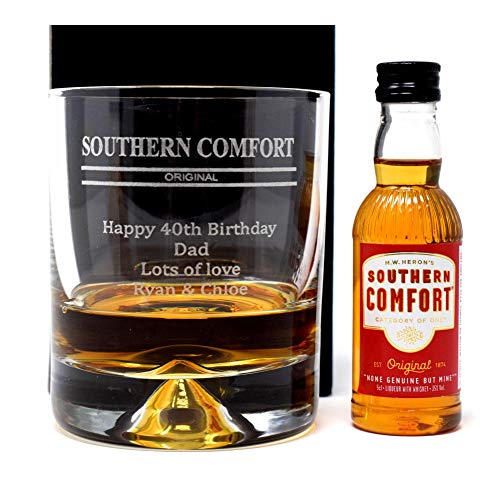 Engraved/Personalised *Southern Comfort Design* Dimple Glass Tumbler & Miniature Bottle of Southern Comfort (Cardboard Gift Box)