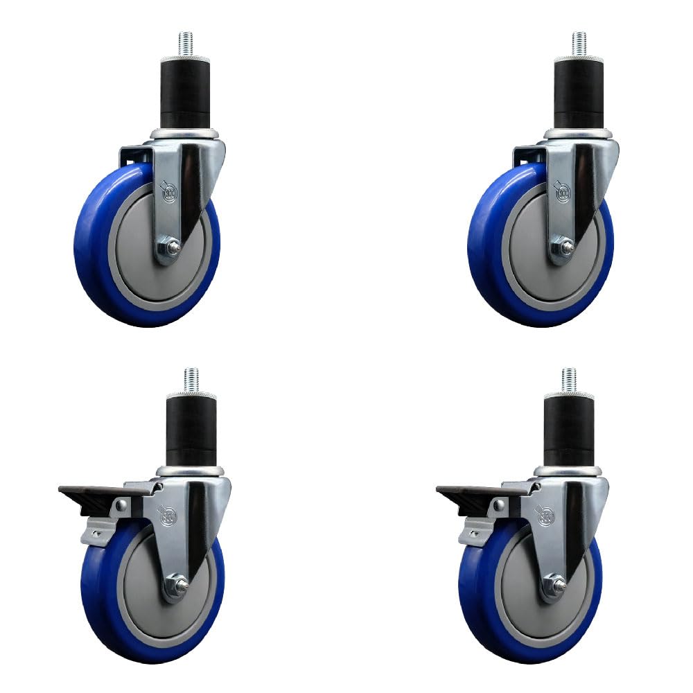 Polyurethane Swivel Expanding Stem Caster Set of 4 with 5 Inch Blue Wheels and 1-3/4