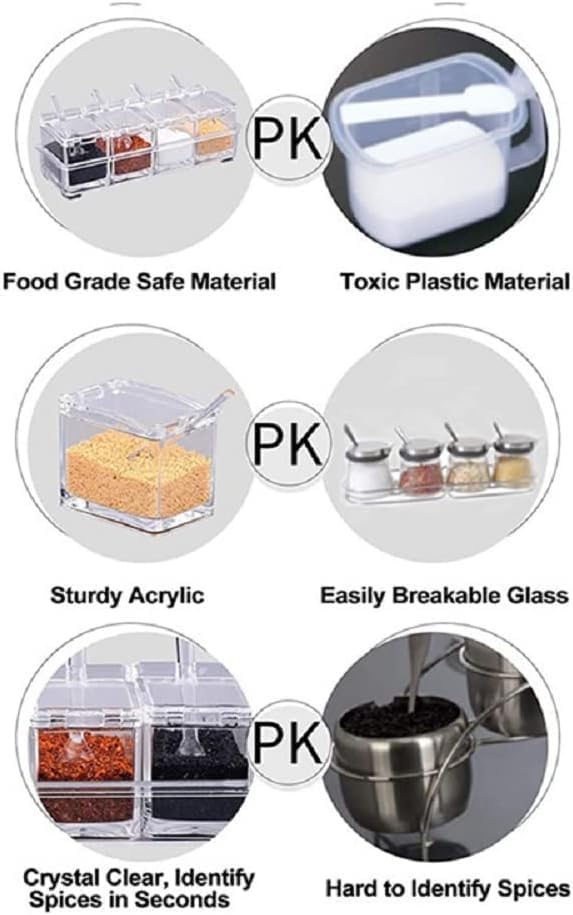 Caja de condimentos transparente de 4 piezas, vinagre con tapa y cuchara, condimentos para azúcar, sal, pimienta y otras especias 7