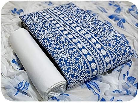 Women's Denim Cotton Embroidered Unstitched Dress Material with Printed Dupatta (Blue, Free Size)