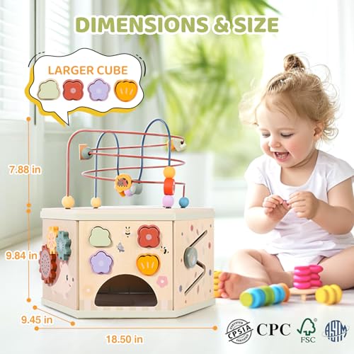 Image of Large Wooden Activity Cube for Toddlers, 9 in 1 Educational Baby Activity Cube, Montessori Toys for 1+ Year Old Boys & Girls, Cute Zoo Theme Baby Cube Toy Sorting & Stacking Game, 1st Birthday Gift