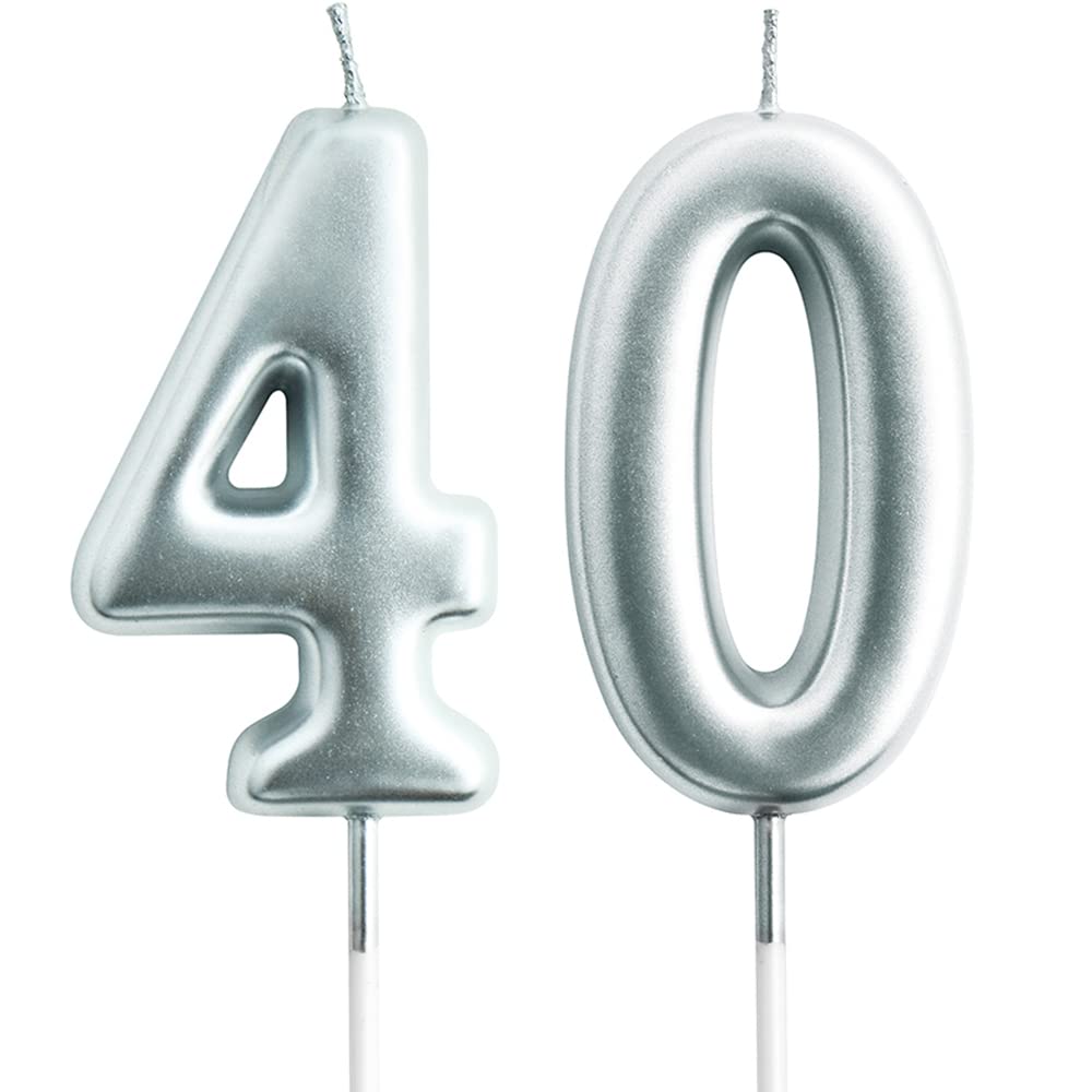 Eusbon Number 40 40Th Candle For Cake Decoration, Birthday Candle For Birthday Party, Wedding Anniversary, 7Cm Silver Big Size Number Candles