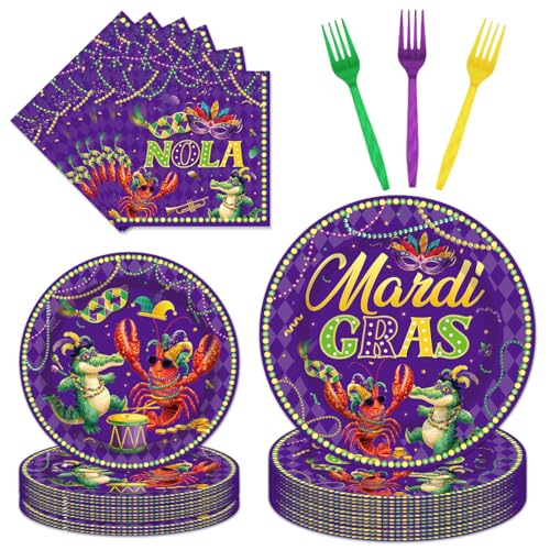 96Pcs Nola Paper Plates Napkins Forks Party Tableware Set Carnival New Orleans Masquerade Crab Lobster Fat Tuesday Theme Party Supplies Serve 24 Guests