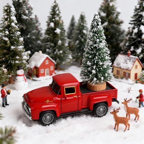Vintage Red Motor Truck Christmas Decor with Tree - Rustic Farmhouse Holiday Centerpiece Winter Decor for Mantel Tabletop Outdoor Metal & Resin Xmas Gift for Family Child Christmas Enthusiasts
