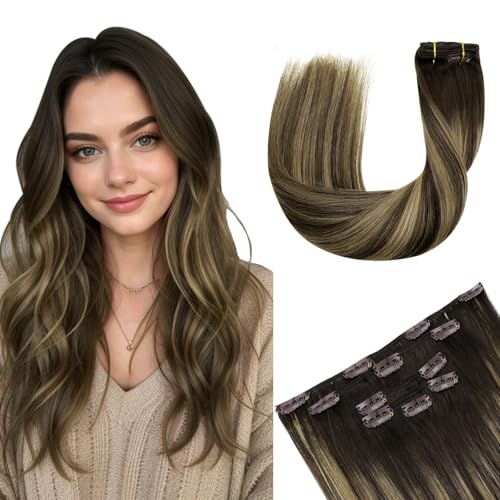 Hetto Clip in Hair Extensions Real Human Hair Balayage Brown Mix Blonde 20 Inch, Comfortable Human Hair Clip in Extensions