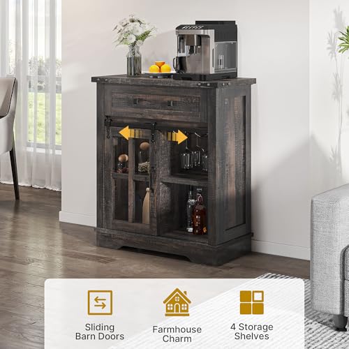 DWVO Farmhouse Coffee Bar Cabinet, Sideboard Buffet Cabinet with Drawer & Adjustable Shelves, Storage Cabinet with Sliding Barn Door for Kitchen and Living Room, Dark Rustic Oak