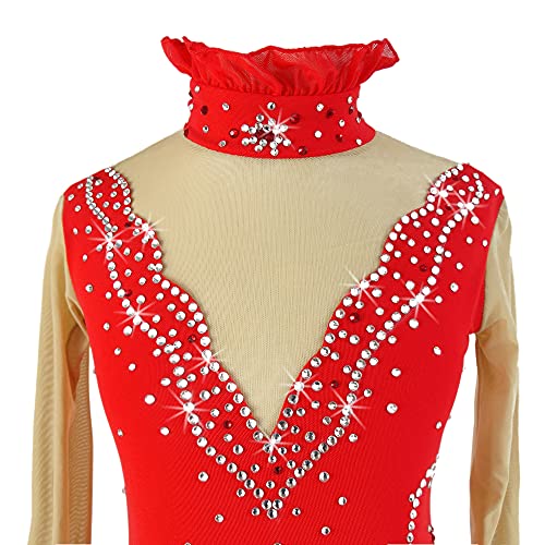 Vestido de patinação no gelo para meninas de manga comprida com contas e gola gargantilha, Vermelho,