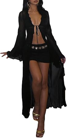 NRTHYE Women Mesh Long Flowy Kimono Cardigan Sexy Sheer Long Sleeve Ruffled Chiffon Duster Robe Summer Beach Cover Up