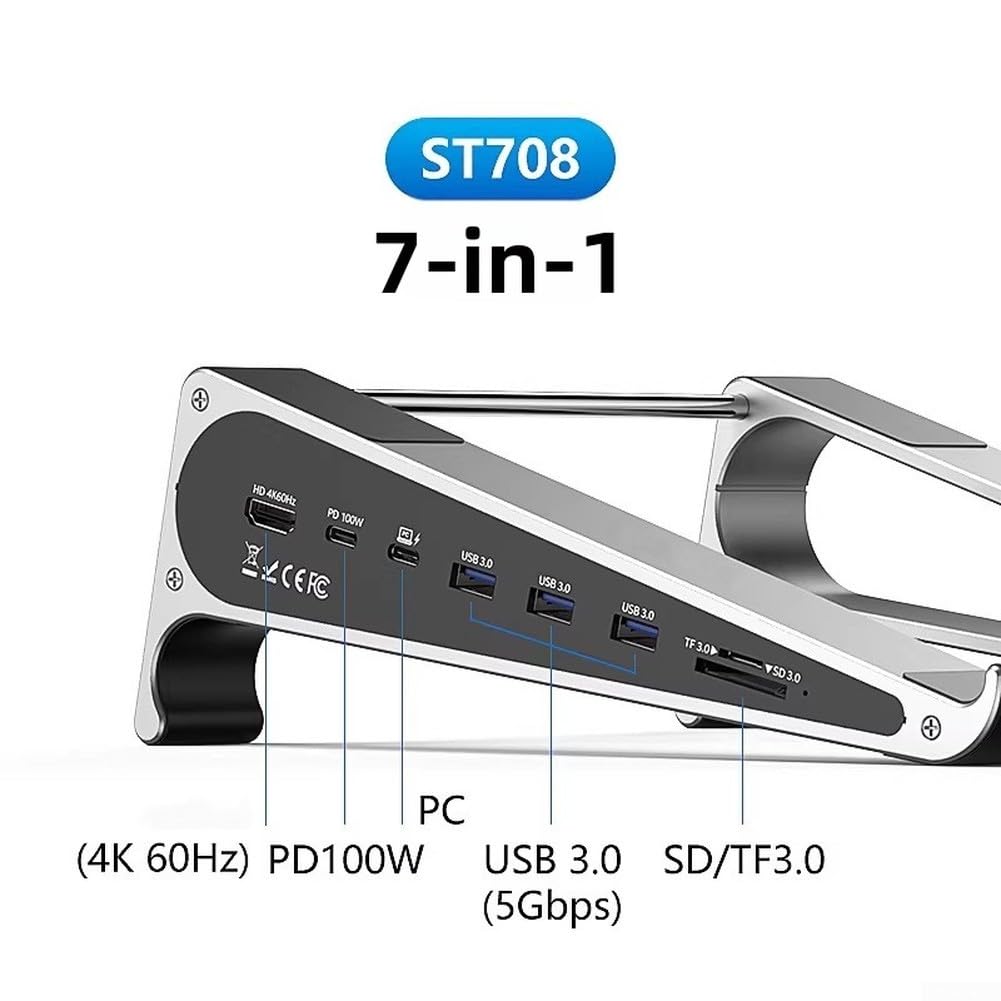 ReachMall ST708 - Supporto in alluminio per computer portatile, design ventilato con hub USB C, ricarica PD da 100 W, per scrivania da ufficio, larghezza 250 mm