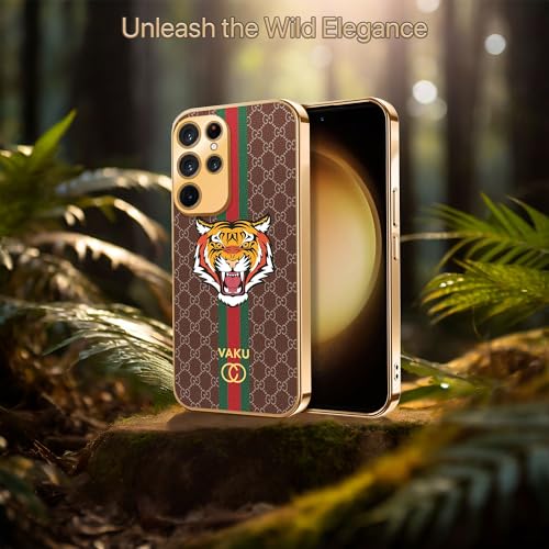 Image of Vaku Luxos Lynx Design Back Cover for Samsung Galaxy S23 Ultra with Leather Pattern Gold Electroplated Soft TPU Cover Shockproof Protective Case - Brown