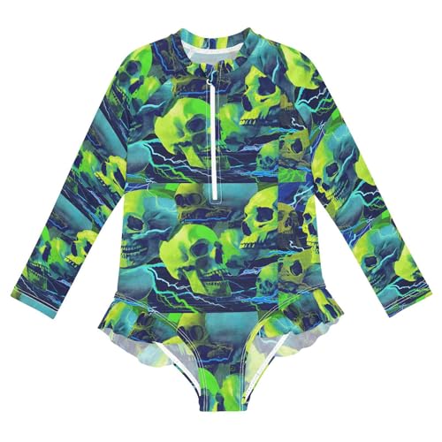 ALAZA Green Sugar Skull Neon Girls One Piece Swimsuit Long Sleeve Rash Guard Swimsuits UV 50+ Swimwear Zipper