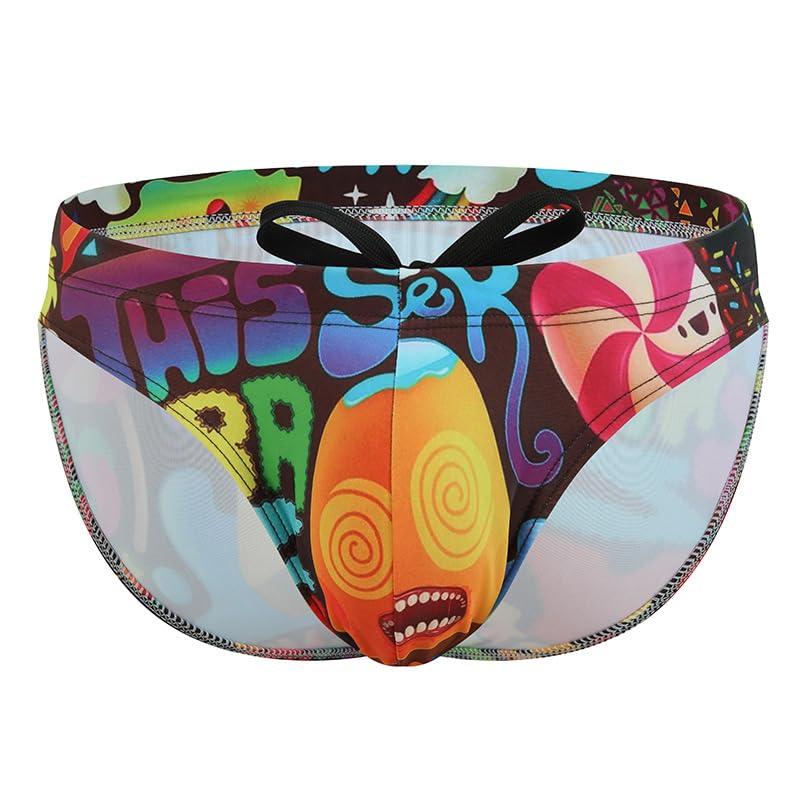 Sexy Men's Triangular Low-Waisted Drawstring Beach Swimming Trunks, Quick-Drying ice Silk Nylon Printed Shorts