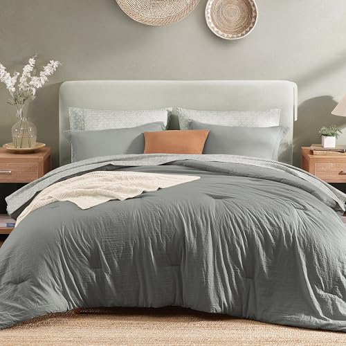 Monbix King Size Comforter Set - 7 Pieces Granite Grey Prewashed Bed in a Bag King Bedding Sets with Comforters, All Seasons Ultra Soft Comforter Bed Set with Sheets,Pillowcases & Shams