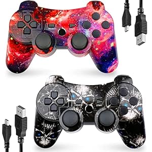 CHENGDAO Controller for PS3 2 Pack Wireless Controller for Playstaion 3 6-Axis with High-Performance Double Virbration, Motion Control, USB Charging Cable (Skull + Galaxy)
