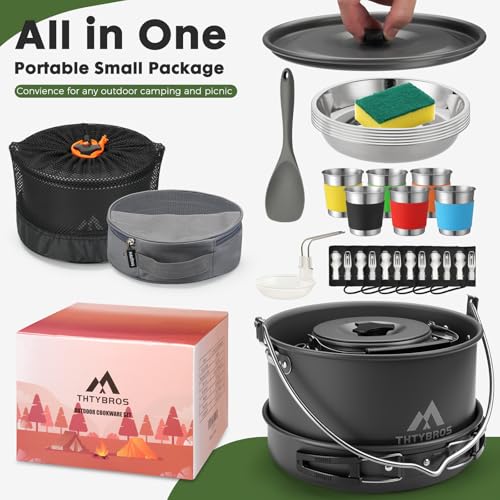 THTYBROS 43-Piece Camping Cookware Set,Large Mess Kit for 6 Persons,with 4.75QT Pot,2.1QT Kettle,Frying Pan,Cups,Utensils and Tableware,Heavy Duty Aluminum Cook Set for Outdoor Camping,Hiking,Picnic - Image 5