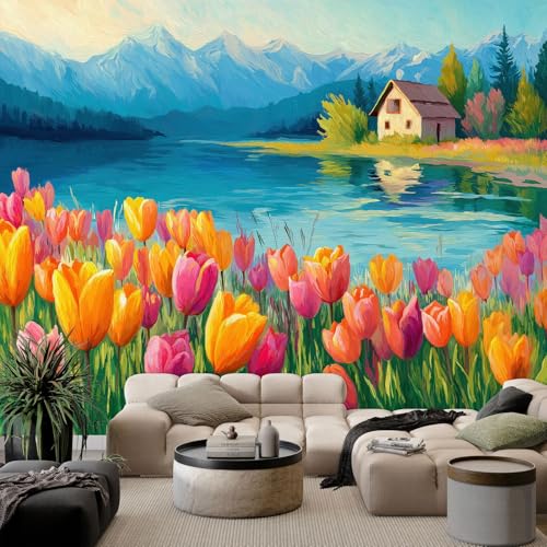 Pintura Al Óleo Murales De Papel Pintado 400 x 280 cm, Fotomurales Pared Tejido No Tejido Estilo Dibujo Animado Flores Tulipanes Casas Decorativos Murales póster para Dormitorio Salón TV Pared