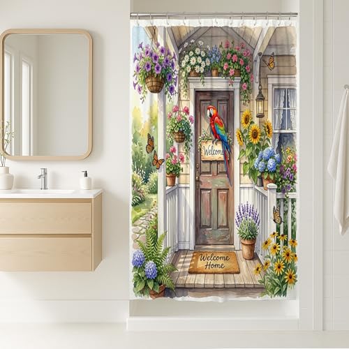 Rideau de douche motif perroquet - Rideaux de douche pour salle de bain - Motif floral - 91,4 x 183 cm