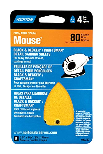 NORTON07660702317 Iron Shape Sanding Sheet for Black and Decker/Craftsman Mouse Sander, Hook and Loop, 7" Length x 3" Width, P80 Grit, Coarse Grade (Pack of 5)