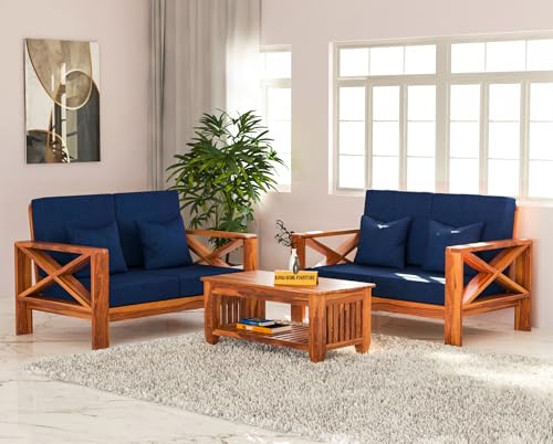 Image of Sheesham Wooden 4 Seater Sofa for Living Room | Rosewood 4 Seater Cushion Sofa X-Legs | Solid Wood Sofa Set for Lounge (2+2,Honey Finish)