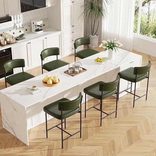 Image of Bar Stools Set of 6, Faux Leather Counter Height Barstools with Curved Back, 25 Inch Upholstered Bar Chairs, Modern Counter Stools for Kitchen lsland, Green