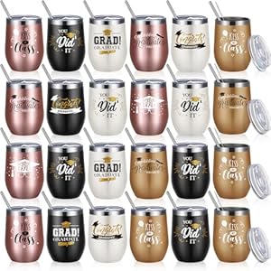 Meanplan 2023 Graduation Gifts Stainless Steel Tumbler 12oz Wine Tumbler with Lid Straw Cleaning Brush for Party Supplies Graduate Grad Vacuum Insulated Travel Mug for Her Him Christmas Gift(24 Pcs)