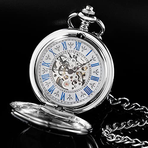 Image of Mens Pocket Watch Skeleton Mechanical Hand Winding Half Hunter Silver Black Golden Case Roman Numerals with Gift Box