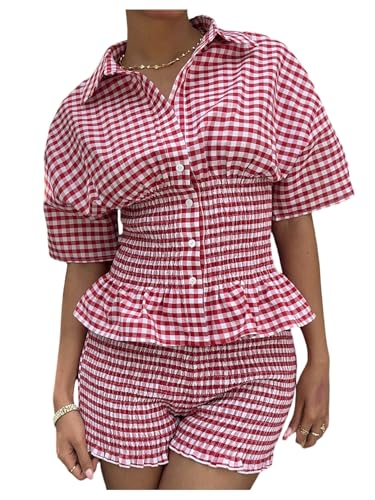 Milumia Womens 2 Piece Outfits Plaid Button Down Short Sleeve Smoked Top Shorts Matching Sets Red Medium