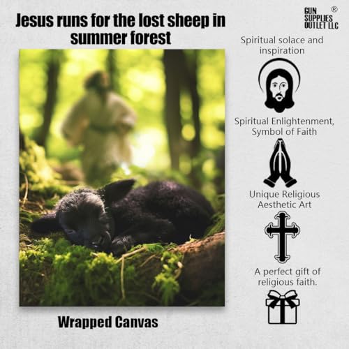 Image of Jesus and Lamb Canvas Wall Art Jesus Runs for the Lost Sheep In Summer Forest Picture Wall Art Canvas Print Christian Home Decor 12x16 inch