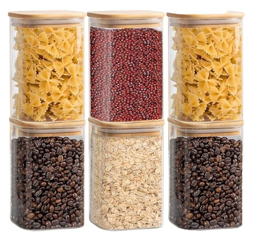 Image of 1200ML Glass Food Storage Jars with Airtight Bamboo Lid (Set of 6) Glass Storage jar For Serving Tea, Coffee, Flour, Sugar, Candy,Cookie,Spice and More