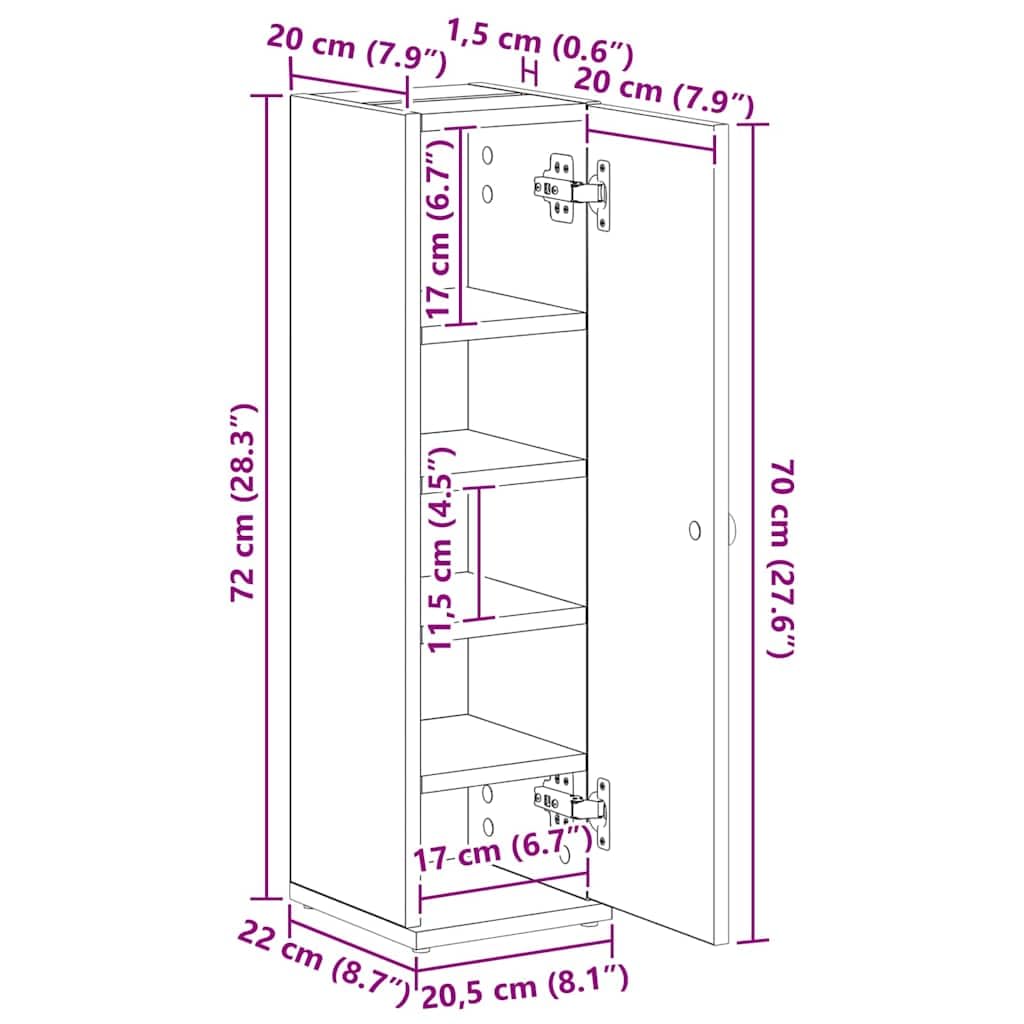 Armadietto da bagno con portarotolo, bianco, 20,5 x 22 x 72 cm, in legno resistente, con spazio per riporre oggetti, per bagno, armadietto per lavatrice, montaggio a parete