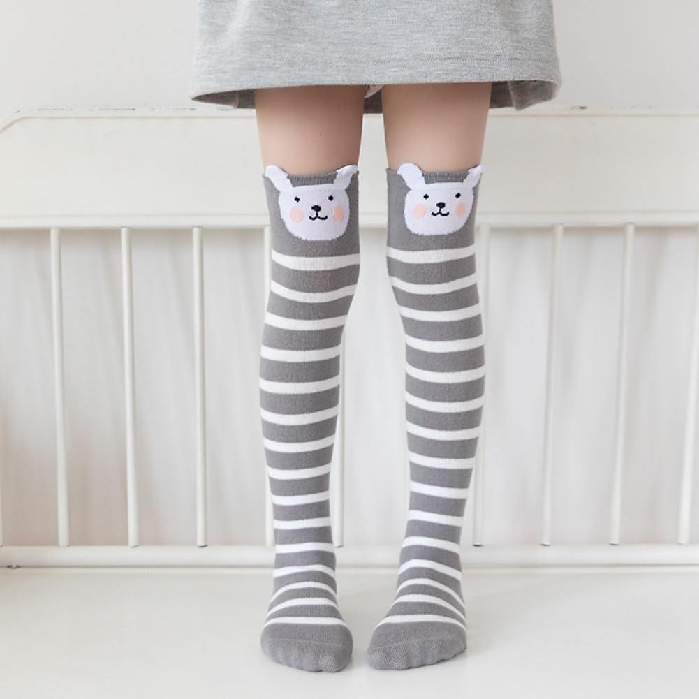 Lot de 5 paires de chaussettes hautes pour enfant fille - Chaussettes longues rayées - Chaussettes en coton - Chaussettes colorées sans couture - Chaussettes mignonnes - Caricature animal