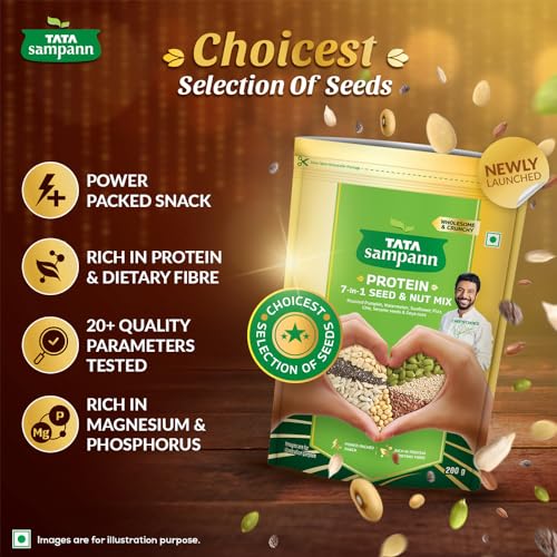 Image of Tata Sampann Protein 7-in-1 Seed & Nut Mix | Contains Roasted Pumpkin, Watermelon, Sunflower, Flax, Chia, Sesame Seeds & Soya nuts | Rich in Protein, Magnesium, Phosphorous & Dietary Fibre | 200g