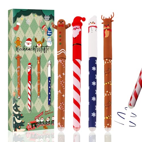 Weihnachtsstifte Kinder | 4PCS Radierbare Stifte Weihnachten Gelschreiber Radierbarer Kugelschreiber mit Weihnachtsmann Lebkuchenmann Schneemann Elch für Studenten Schule Büro (weihnachten)