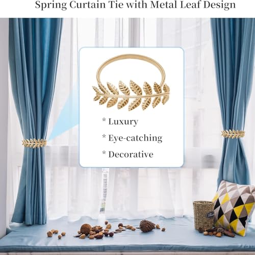 Image of TIED RIBBONS Set of 2 Metal Curtain Tiebacks Spring Design (Golden, 13 Inch) - Curtain Holdback Leaf Carving Design Curtain Ties for Drapes Ties Backs Curtains Modern Style Holdbacks