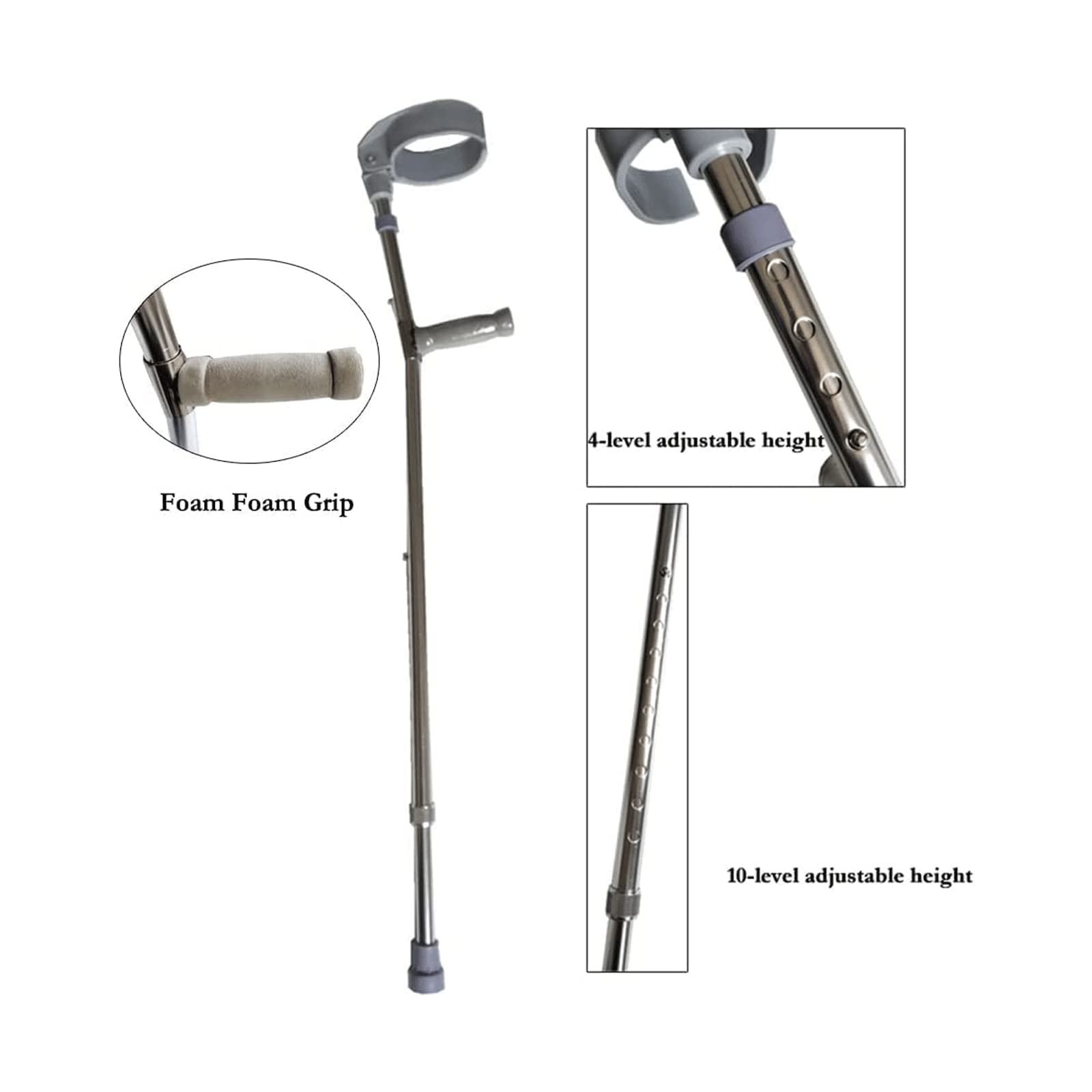 Muletas de aluminio, 1 par de bastones para caminar con puños completos, para adultos, con agarre de antebrazo, bastones ligeros y ajustables