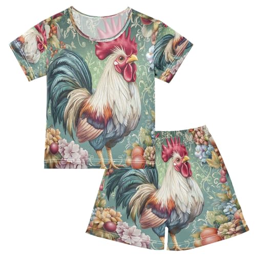 ALAZA Chicken Fruit Rooster Blossom Pajamas Set Short Sleeve Cotton Sleepwear Summer Pjs 2 Piece 5-14Y