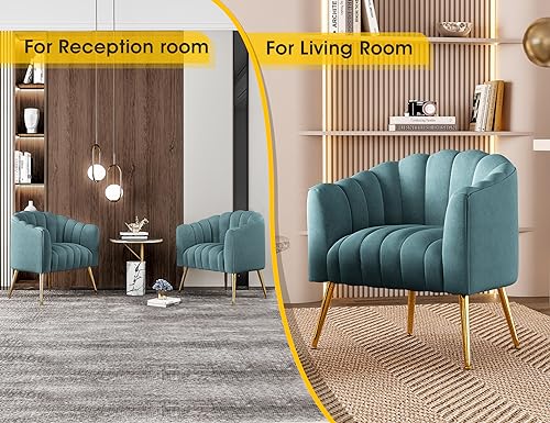 Image of Dewhut Oversized Pumpkin Couch Accent Chair, Modern Comfy Velvet Upholstered Barrel Chairs, Luxury Single Sofa Armchair for Living Room, Waiting Room, Office and Vanity, (Blue)