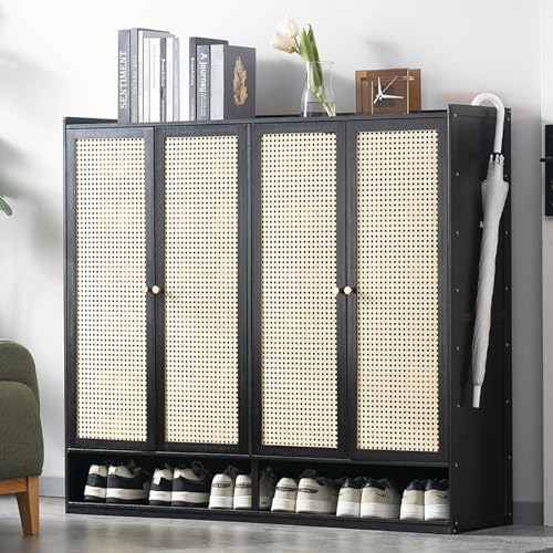 Schuhregal aus Bambus mit 8 Etagen und Türen, stilvoller schwarzer...