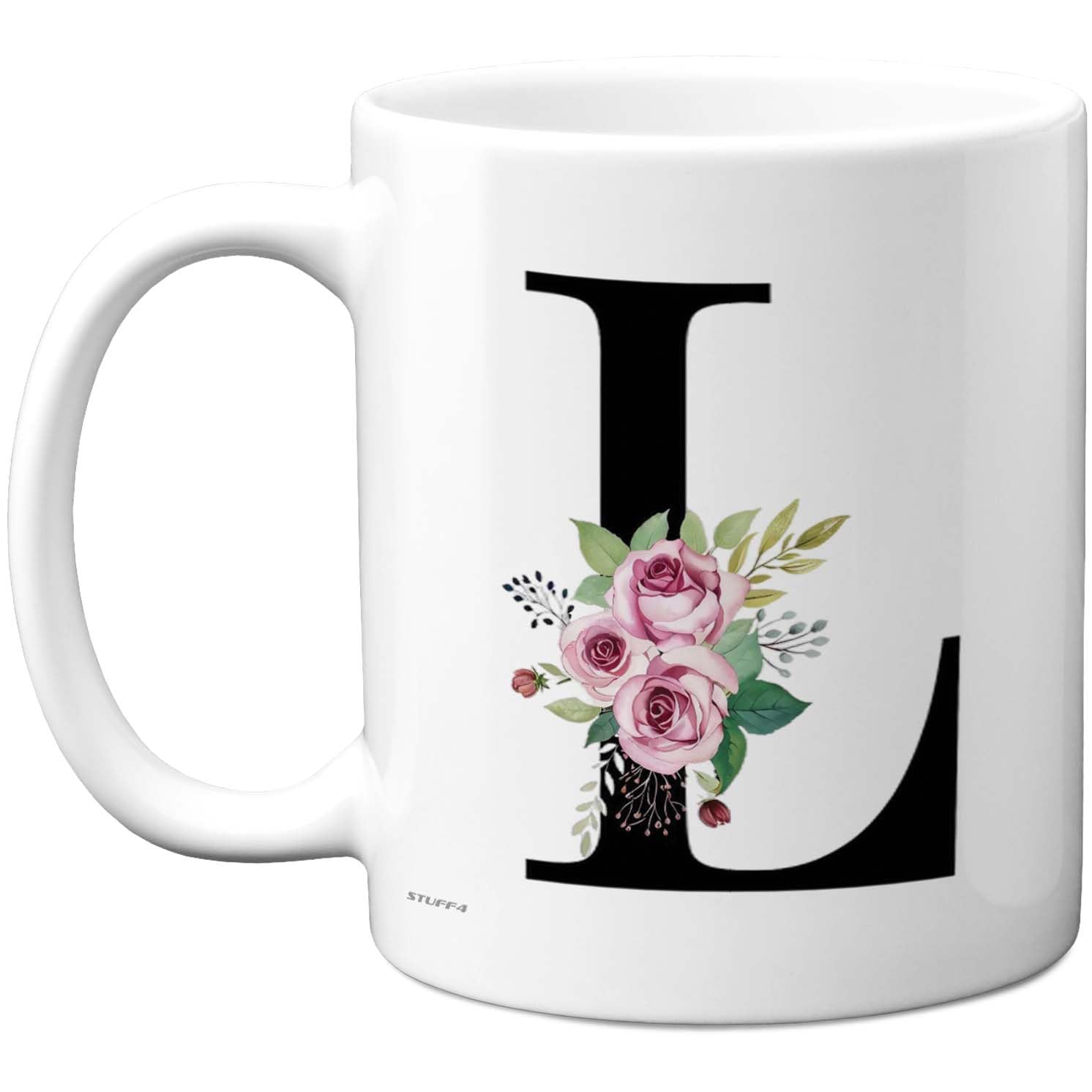 Stuff4 Personalised Monogram Mug - Elegant Floral Letter L with Pink Roses - Charming Gift for Her or Desk Décor - 11oz Ceramic Gloss Mug
