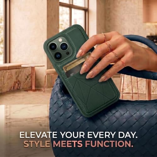 Image of amazon basics Premium Vegan Leather Back Cover with Card Holder and Integrated Mobile Stand for iPhone 13 Pro Max - Slim Shockproof Wallet Case with Geometric Stitching [Green]