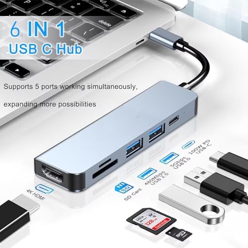 Image of Tobo USB C to HDMI Adapter for Monitor, 6 in 1 USB C Hub with 4K HDMI, SD /TF Card Reader,100W PD, USB 3.0 Extender, USB C Dock for Phone 15, M-Book Air /Pro, Pad Pro, Mac, D-ll /ACR /HP /A-US /Switch