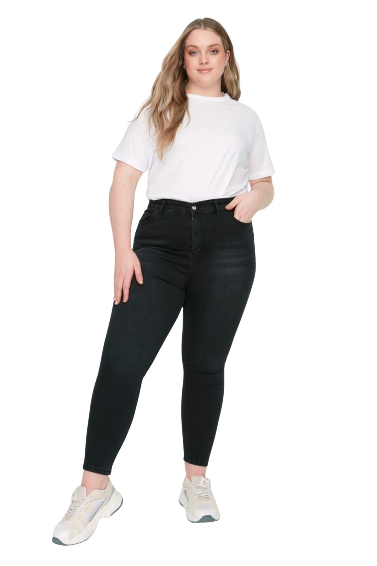 TRENDYOL Damen Plus Size High Waist Skinny Plus Size Jeans, Schwarz, 42 Große Größen EU