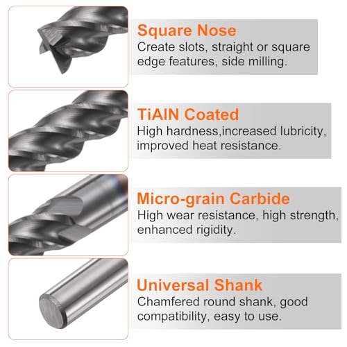 Image of HARFINGTON 5pcs Carbide Square Nose End Mill Bit 1 /8 inch Cut Dia 4 Flutes TiAlN Coated Milling Cutter for Hardened Steel Metal (1 /8 inch Shank 1 /2 inch Cut Length 1-1 /2 inch Long 45 Degree Helix)